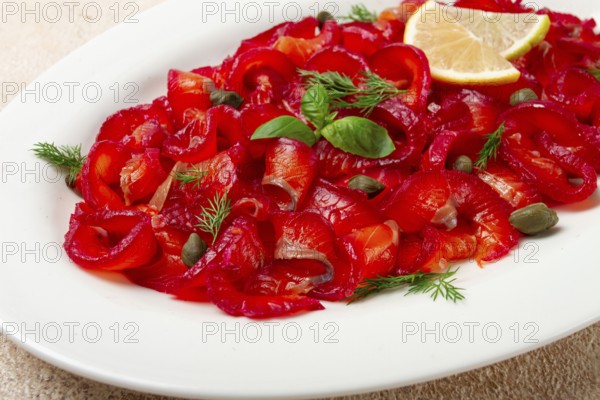 Salmon gravlax with beetroot, Scandinavian snack, beet gravlax, lightly salted fish, homemade, no