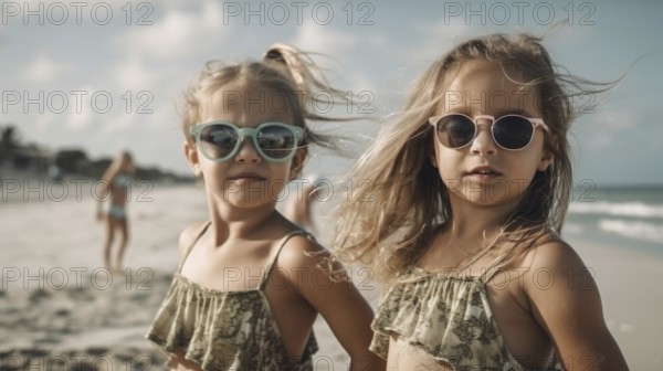 Two young girlfriends posing wearing sunglasses having fun on the beach, generatvie AI, AI