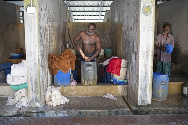 Indian men washing clothes at the Dhoby Khana laundry, Kochi, Kerala, India, Asia
