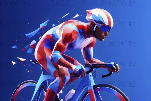 Cycling athlete abstracted into fluid shapes that capture elegance and strength, colors in french