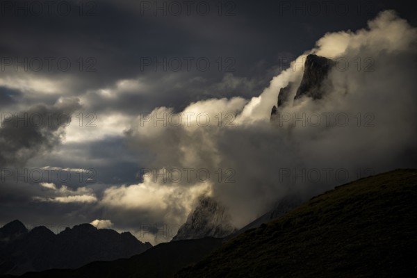 Montafon mountains with dramatic cloudy sky, Tschagguns, Rätikon, Montafon, Vorarlberg, Austria,