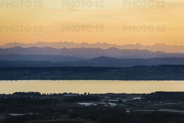 View of Lake Constance and the Swiss Alps from the Gehrenberg, sunset, Markdorf, Lake Constance,