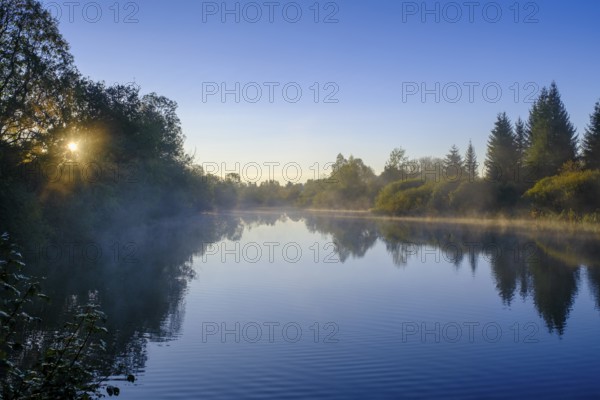 Sunrise with fog, Mühlweiher at Reutberg Monastery, Sachsenkam, Tölzer Land, Alpine foothills,