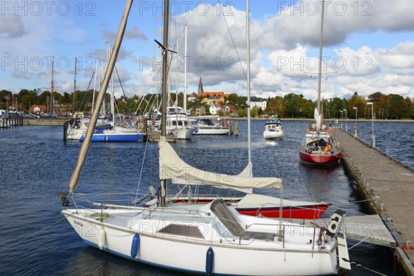 Sailboats lying in the calm waters of a marina, with a city view and cloudy sky in the background,
