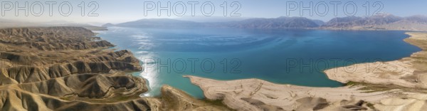 Aerial view, erosion landscape on the Naryn River, Toktogul Reservoir, Kyrgyzstan, Asia