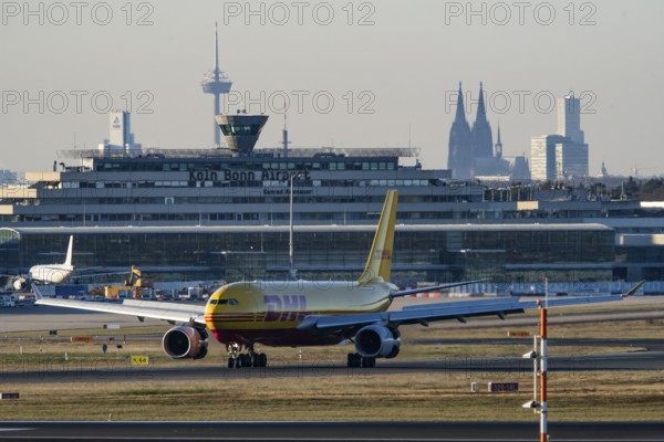 DHL Airbus A330-243F, cargo aircraft landing at Cologne-Bonn Airport, North Rhine-Westphalia,