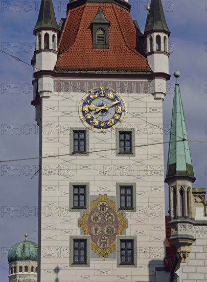 Europe, Germany, Bavaria, Munich, City, Marienplatz, Old Town Hall, Tower and clock tower, View