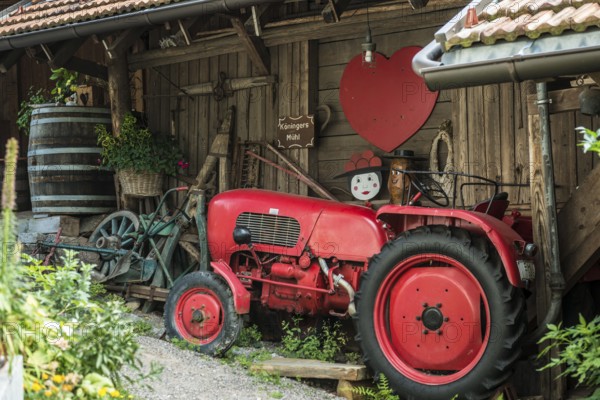 Historic mill and old tractor, Mühlenweg, Ottenhöfen, Ortenau, Black Forest, Baden-Württemberg,