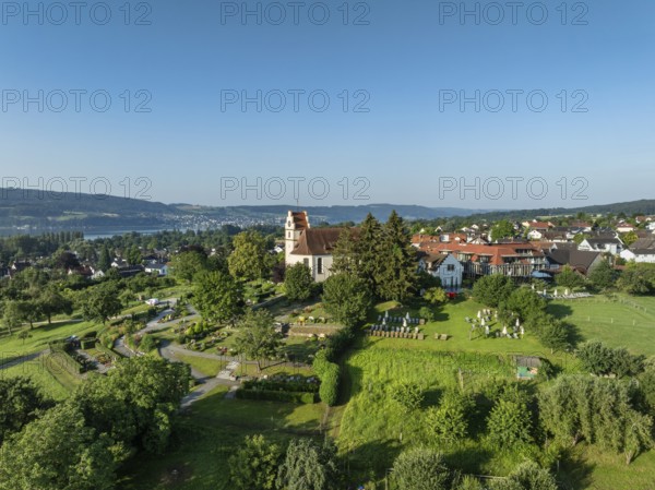 The church of St. Johann and Vitus in Horn on the Höri peninsula, aerial view, Gaienhofen, Lake