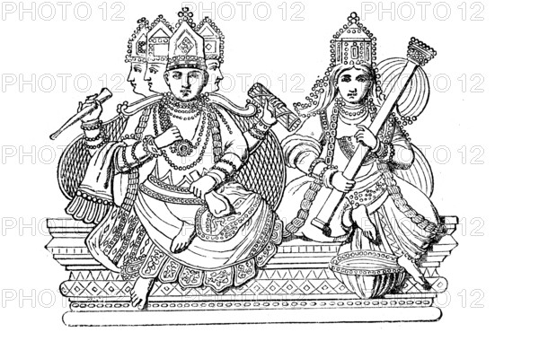 Brahma, one of the main gods in Hinduism, and Saraswati, Indian goddess of wisdom and scholarship,