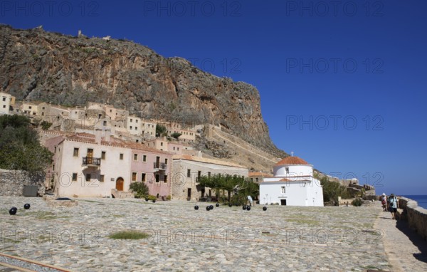 Square in the lower town of the Byzantine castle town of Monemvassia, Monemwassia, Monembasia,