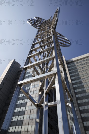 Sculpture by Nicolas Schöffer entitled Chronos 15, light-kinetic tower in front of the Stadthaus,