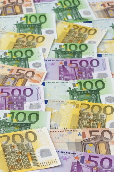 Various euro banknotes, 50s, 100s, 200s, Studio