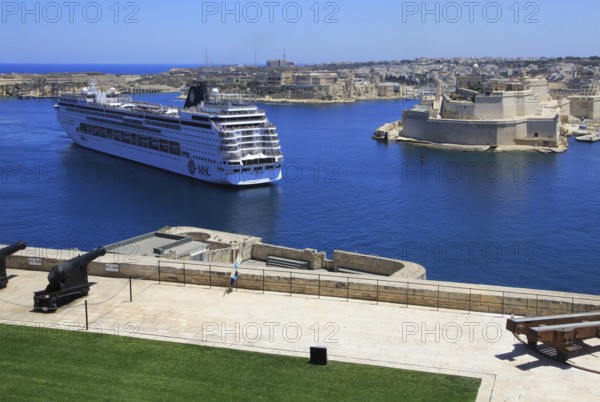 MSC cruise ship in Grand Harbour arriving in Valletta, Malta, Europe