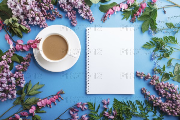 Purple lilac and bleeding heart flowers and a cup of coffee with notebook and colored pencils on