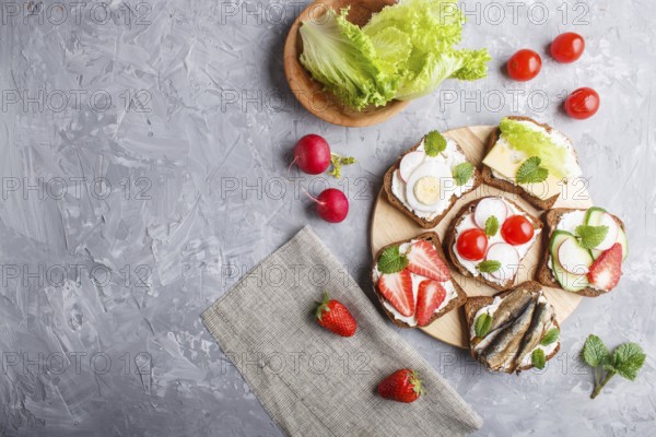 Set of different sandwiches with cheese, radish, lettuce, strawberry, sprats, tomatoes and cucumber