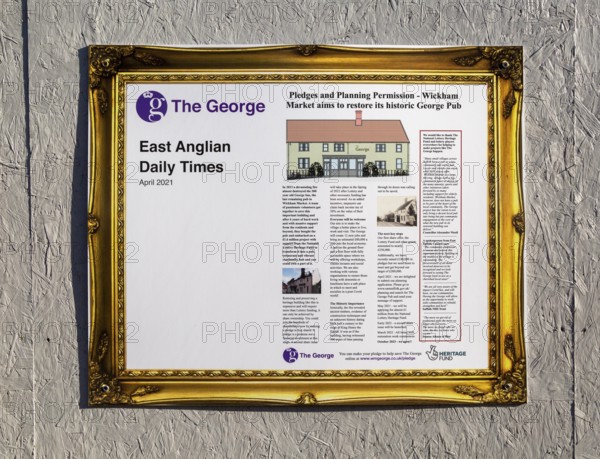 Heritage Fund information about rebuilding the The George pub, Wickham Market, Suffolk, England,