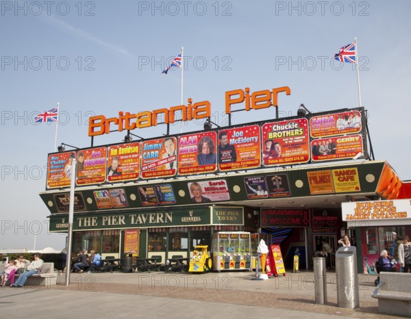 Britannia Pier with posters for nationally known performers and celebrities, Great Yarmouth,