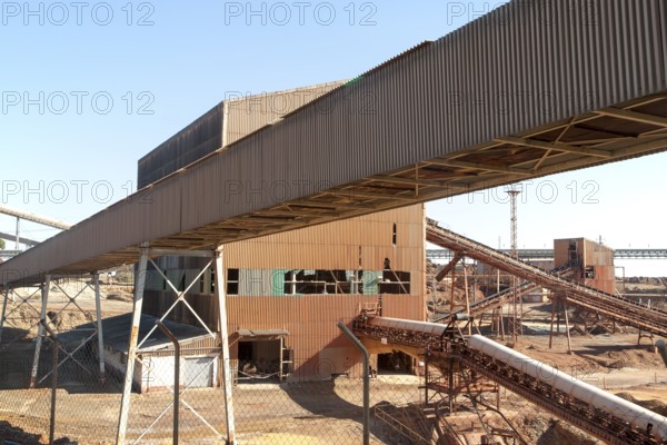 Heavy industry conveyor belts of opencast mineral extraction in the Minas de Riotinto mining area,