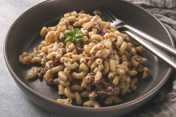 Pasta with stewed meat, pasta in the navy, horns, homemade, no people