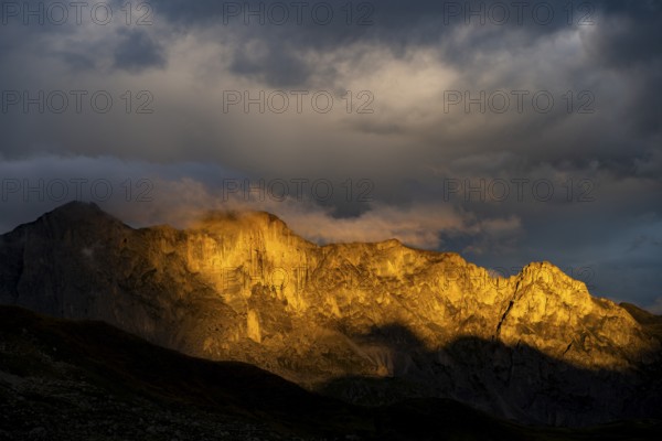 Montafon mountains with dramatic cloudy sky at sunset, Tschagguns, Rätikon, Montafon, Vorarlberg,