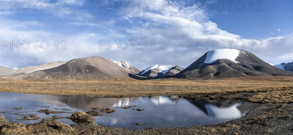 Glaciated mountain peaks reflected in a mountain lake, Kara-Say, Tian Shan, Issyk Kul Province,