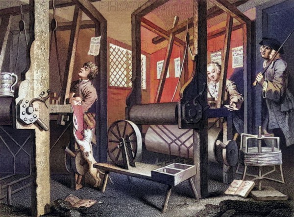 Industry and Idleness The fellow prentices at their looms From the original design by Hogarth from