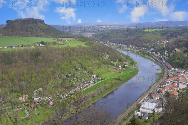 View over the Elbe River from the Konigstein fortress on top of the Elbe sandstone mountains,