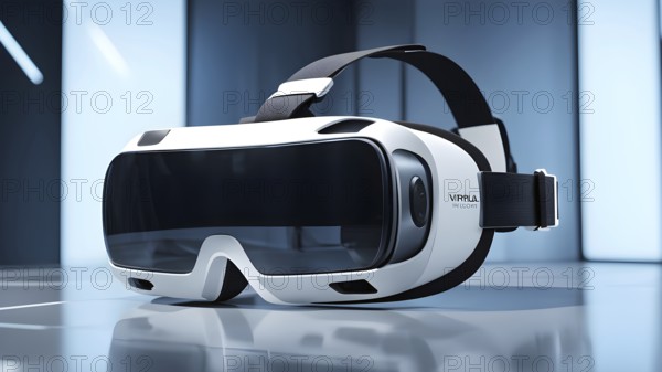 Three dimensional render of virtual reality glasses in a digital room, AI generated