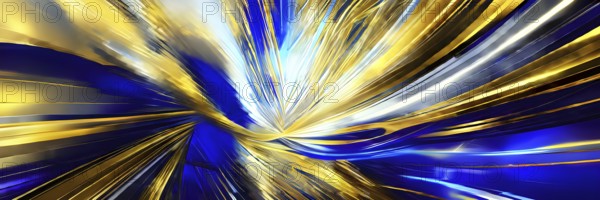 Abstract Illustration of energetic and dynamic swirl of gold, silver, and deep blue hues,