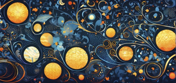 A whimsical abstract pattern with intertwined ribbons, eggs, and floral motifs, with a mix of sharp