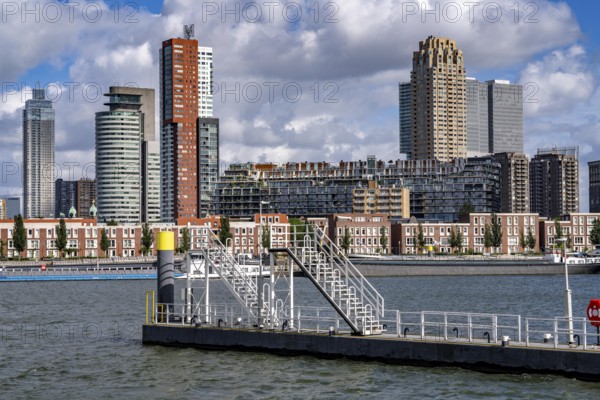 Harbour basin of the Maashaven, inland waterway port, jetties, residential buildings in the Kop van