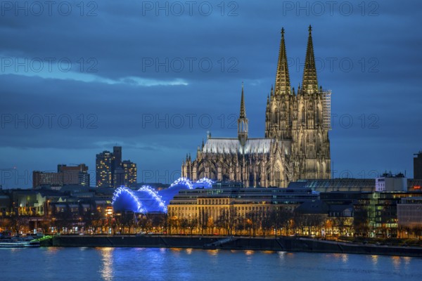 Skyline of Cologne, with the cathedral, Musical Dome theatre, on the Rhine, North Rhine-Westphalia,