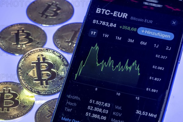 Bitcoin cryptocurrency, symbol coin, mobile phone, mobile phone with Bitcoin exchange rates, to the