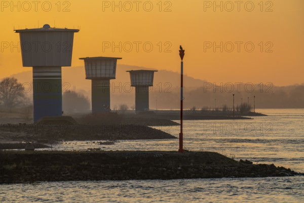 Rhine at Duisburg-Bruckhausen, towers of the water extraction facilities of ThyssenKrupp Steel