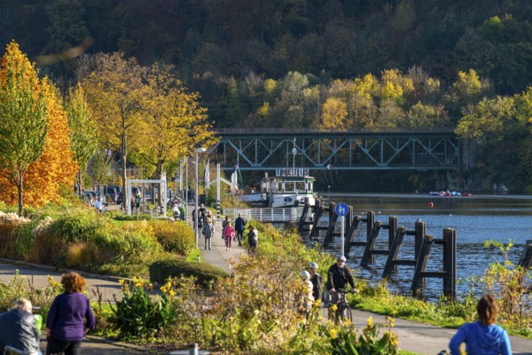 The Kettwig reservoir, dammed Ruhr in the south of Essen, catering ship Thetis, towpath, Essen,