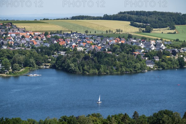 Lake Möhne, reservoir in the northern Sauerland, northern shore, the village of Körbecke, North