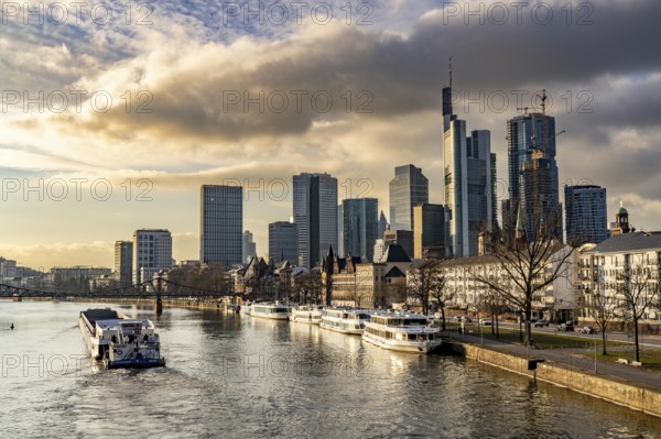 Skyline of the city centre of Frankfurt am Main, river Main, excursion boats at the Main quay,