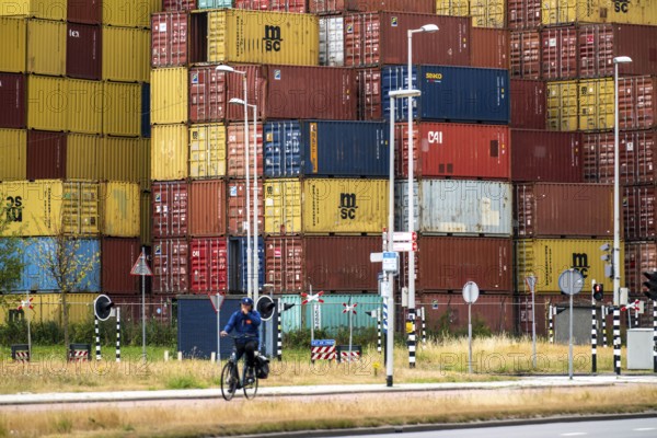 Europoort harbour, Waalhaven area, large container stack, warehouse, at RST Container Terminal,