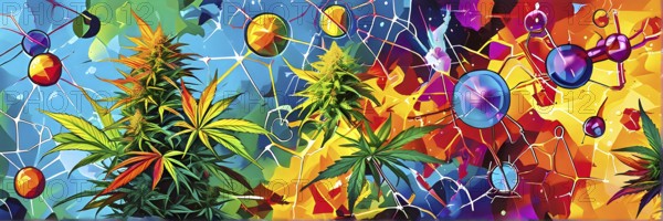 Abstract painting of chemical structure of thc and cbd interlocking geometric shapes, AI generated