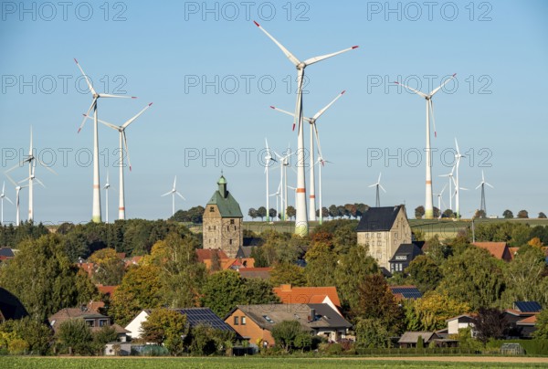 Wind farm above the village of Lichtenau, self-proclaimed energy town, houses with photovoltaic