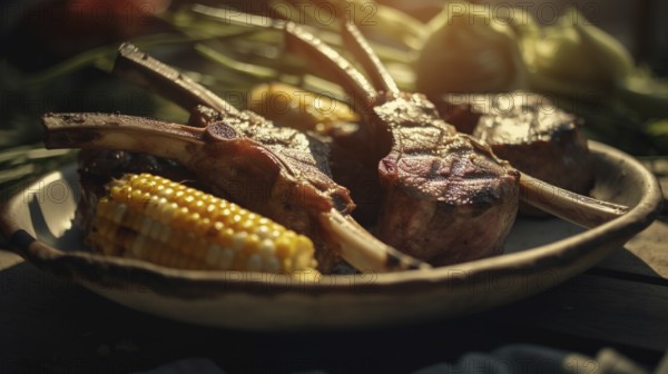 Fresh succulent lamb chops and grilled corn cob dish, generative AI.- generative AI, AI generated