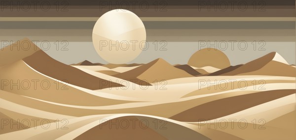 Abstract desert scene with triangular sand dunes and a single circular sun, using sharp lines and