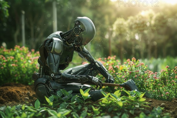 Humanoid robot gardening on knees, AI generated