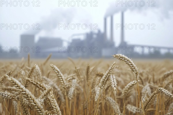 Gricultural grain field with factory with grey fumes in background. Generative Ai, AI generated