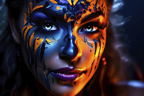 Woman in an extravagant dia de los muertos costume and a vibrant face makeup, AI generated