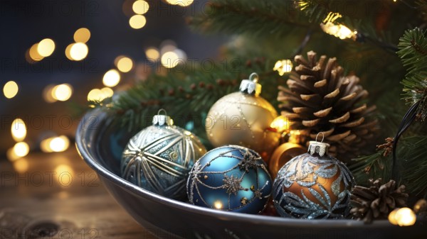Christmas tree ornaments in a bowl, featuring a mix of glass baubles, pine cones, and fairy lights,