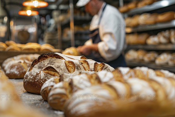 Loaves of bread in industrial bakery kitchen. KI generiert, generiert, AI generated