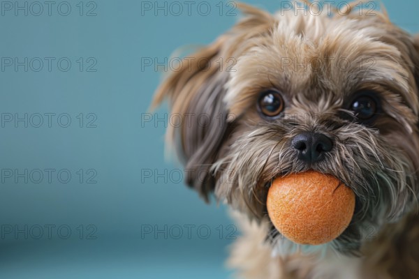 Cute small dog holding ball in mouth. KI generiert, generiert, AI generated
