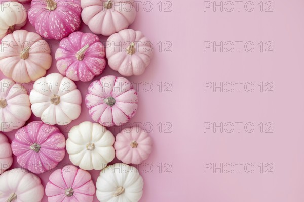 Top view of pink and white pumpkins on side of pastel pink background with copy space. Generative